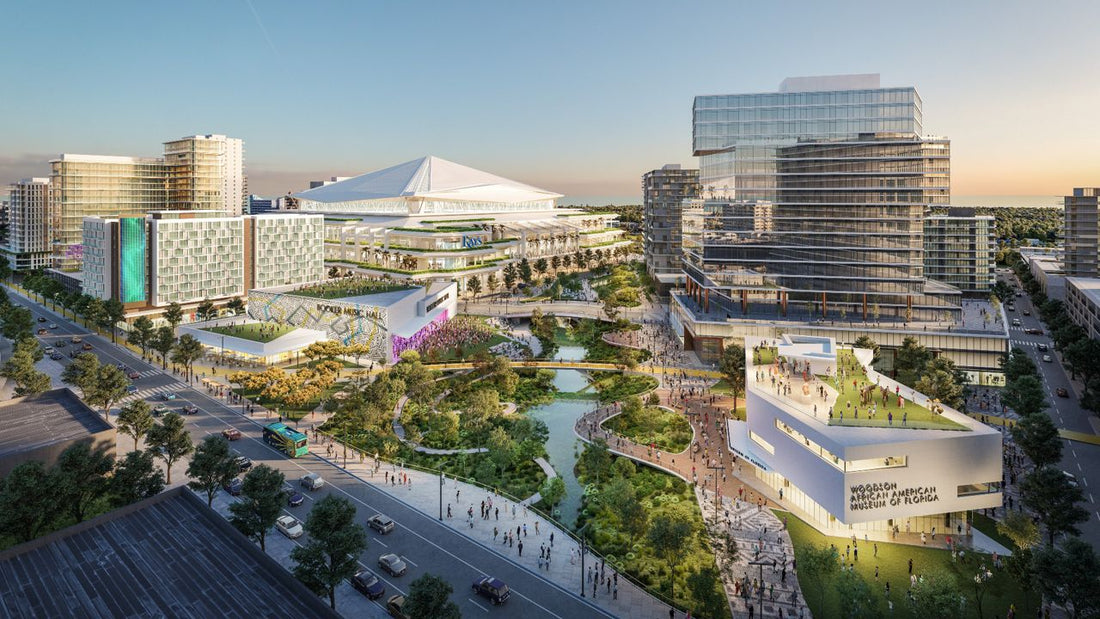 St. Petersburg Tropicana Field redevelopment proposal showing mixed use district with stadium, residential towers, public green space, and Woodson African American Museum in the Historic Gas Plant District