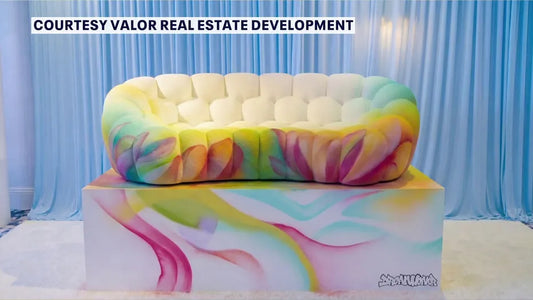 The controversial $1 million Roche Bobois Bubble sofa transformed by St. Petersburg artist Dreamweaver, featuring colorful custom artwork and a luxury furniture design that is sparking debate over the value of art in Downtown St. Pete.