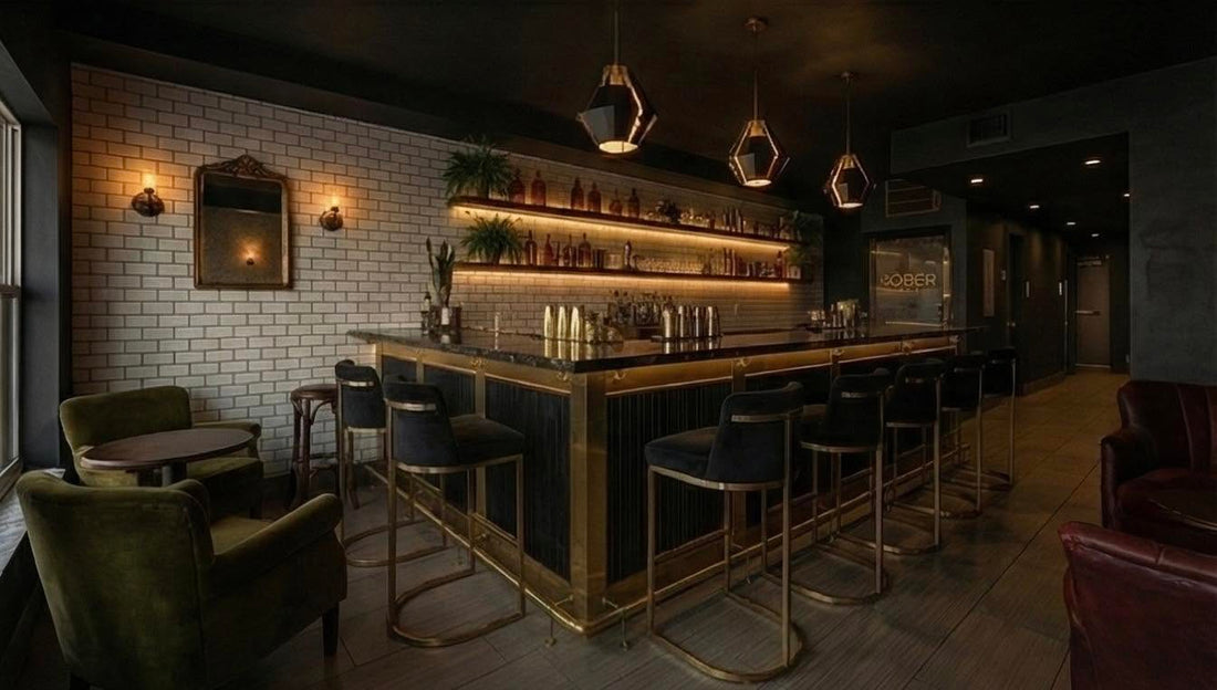 Interior of Sober Bar in Gulfport Florida featuring a moody zero-proof cocktail bar, lounge seating, gold accents, and speakeasy-style atmosphere