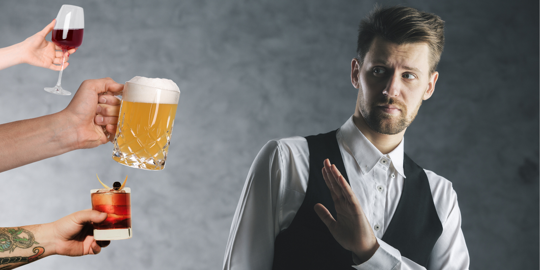 Man declining alcoholic drinks as beer, wine, and cocktails are offered, symbolizing the nationwide decline in alcohol consumption and changing drinking habits