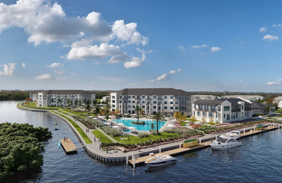 Rendering of the Amara Bay waterfront development on Gandy Boulevard in north St. Petersburg, featuring luxury apartments, marina access, waterfront pool, and pedestrian boardwalk.