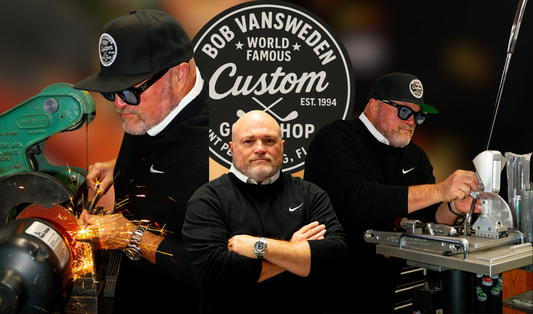 Bob Vansweden at Bob Vansweden Golf in St Petersburg Florida performing custom golf club fitting and precision club adjustments inside his professional golf shop.