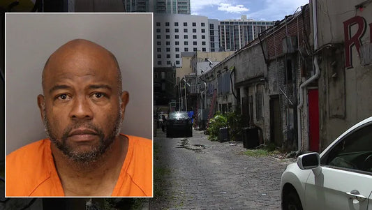 Booking photo inset beside a downtown St. Petersburg alley scene connected to the fatal garbage truck case where prosecutors dropped the charge against a city sanitation worker.