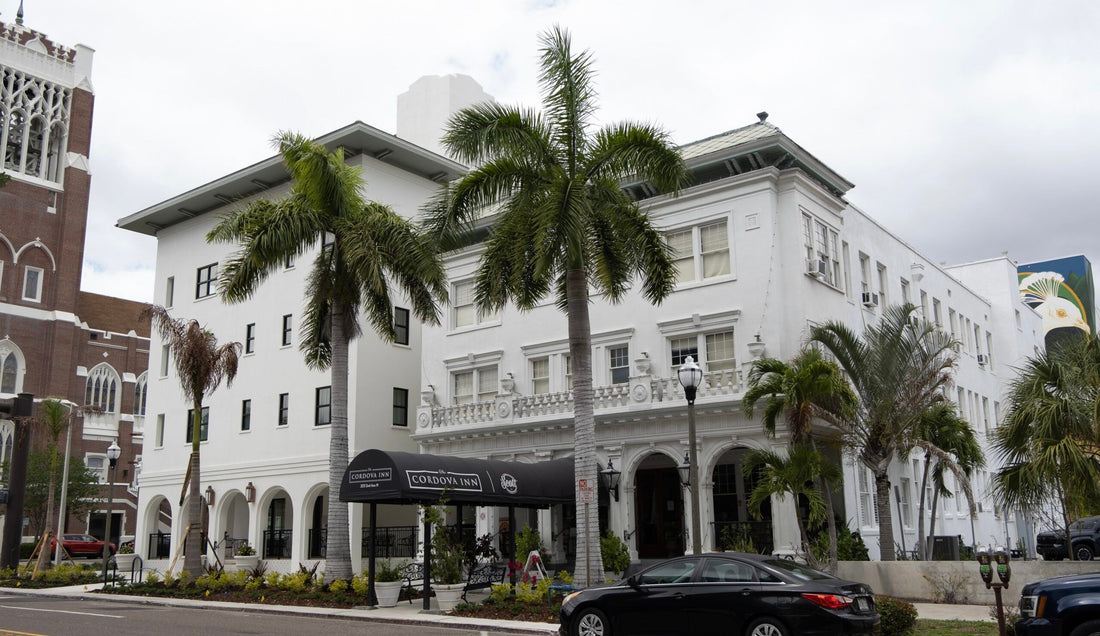 Alt text: Exterior of the newly expanded Cordova Inn hotel in downtown St. Petersburg Florida featuring historic building and modern addition on 2nd Avenue North