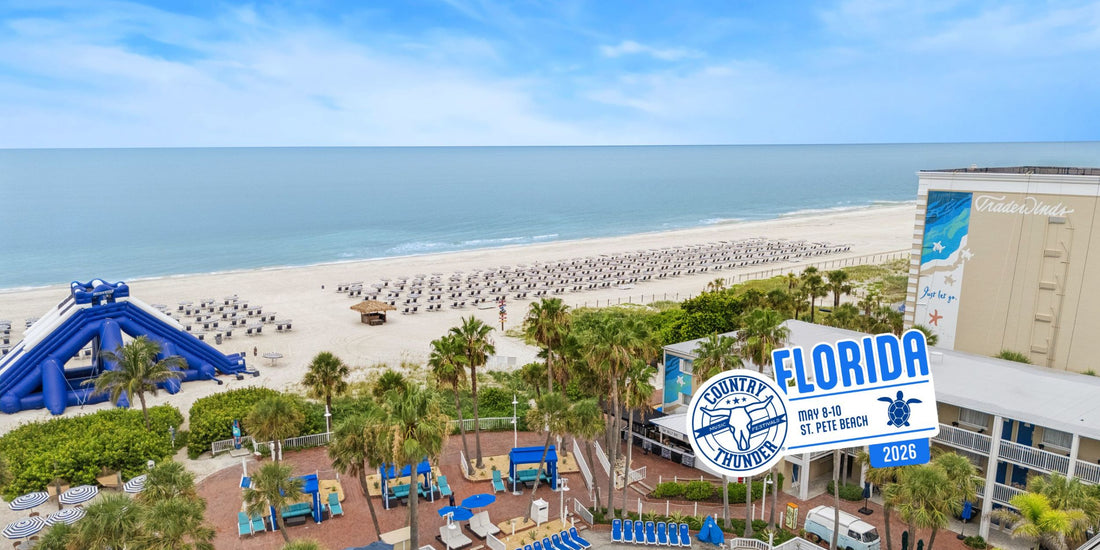 Aerial view of St. Pete Beach shoreline near TradeWinds Resort with Country Thunder Florida 2026 event graphic overlay and beachfront setup