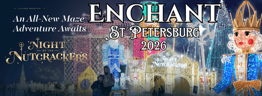 Enchant St. Petersburg 2026 Night of the Nutcrackers promotional graphic featuring a colorful Christmas light maze, giant nutcracker display, and holiday attractions at Tropicana Field