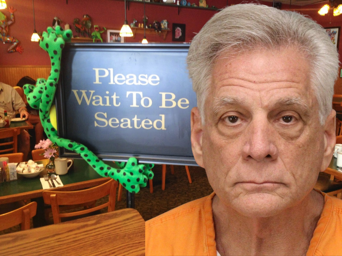 Mugshot of Raymond Bourque beside Frog Pond restaurant interior on St. Pete Beach after St. Petersburg Police announced child pornography and animal abuse related charges connected to the longtime local restaurant owner.