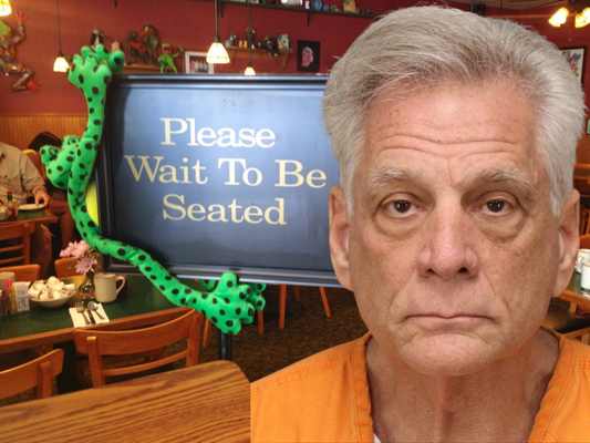 Mugshot of Raymond Bourque beside Frog Pond restaurant interior on St. Pete Beach after St. Petersburg Police announced child pornography and animal abuse related charges connected to the longtime local restaurant owner.