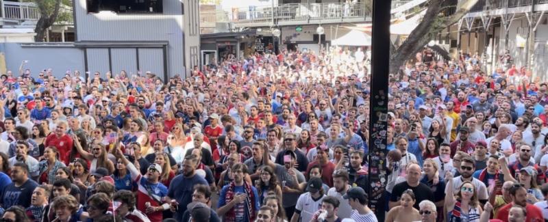 Large crowd of soccer fans gathered at Jannus Live in downtown St. Pete for a USA Soccer World Cup watch party event