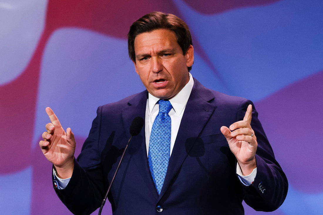 Florida Governor Ron DeSantis speaks during an event as debate grows over a proposal to reduce or eliminate property taxes for homestead homes across Florida.