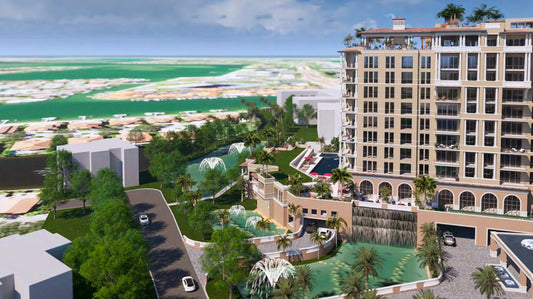 Rendering of denied Marina Bay condo development in southwest St. Pete showing mid rise luxury building, rooftop amenities, pool deck, and surrounding coastal neighborhood near Boca Ciega Bay