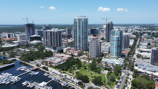 Downtown St. Petersburg skyline showcasing waterfront development, residential towers, and continued urban growth in Florida.