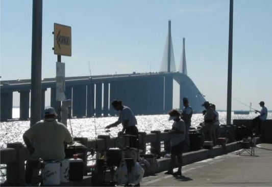 People fishing on Sunshine Skyway Fishing Pier with Sunshine Skyway Bridge in background Tampa Bay Florida