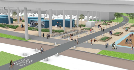 Conceptual rendering of Trails Crossing beneath a St. Petersburg interstate with walking and biking paths, an art gallery, market tents, landscaping, and exercise areas.