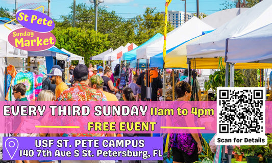 St. Pete Sunday Market launch graphic at USF St. Pete highlighting a free downtown market every third Sunday with local vendors and live music