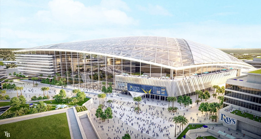 Tampa Bay Rays proposed stadium rendering in Tampa Bay showing modern glass roof ballpark design with surrounding development and crowd plaza