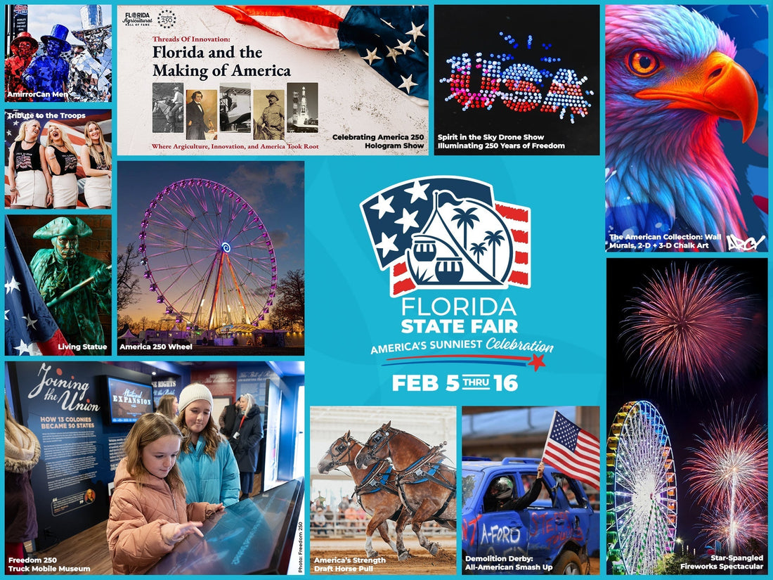 Florida State Fair 2026 promotional collage featuring America’s 250th anniversary attractions, fair rides, drone shows, food vendors, and family activities in Tampa