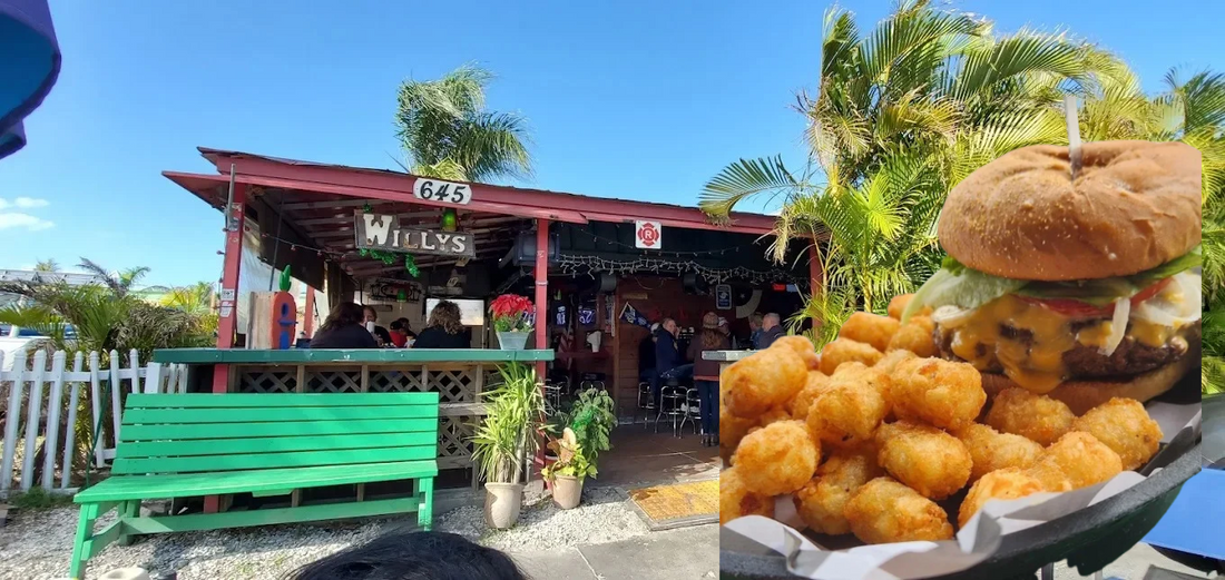 Willy’s Burgers & Booze in St. Pete Beach pictured alongside a cheeseburger and tater tots as the popular Corey Avenue restaurant prepares to reopen after two years of hurricane recovery.