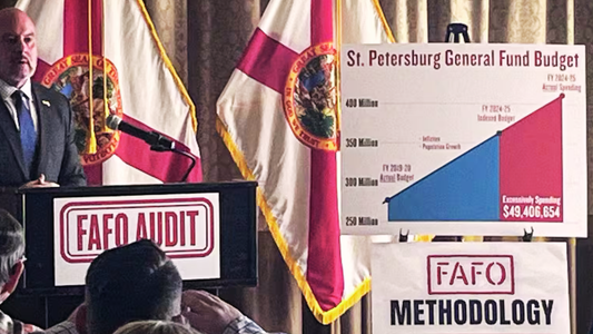 Florida CFO presentation showing St. Petersburg general fund budget growth compared to prior fiscal years, highlighting a projected $49 million in alleged excess spending.
