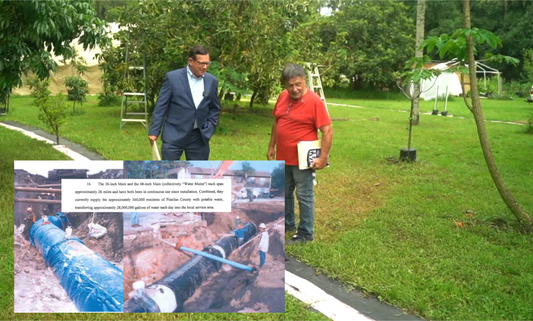 Homeowner reviewing property easement alongside historic water pipeline images tied to St Petersburg Florida legal battle over unrecorded infrastructure