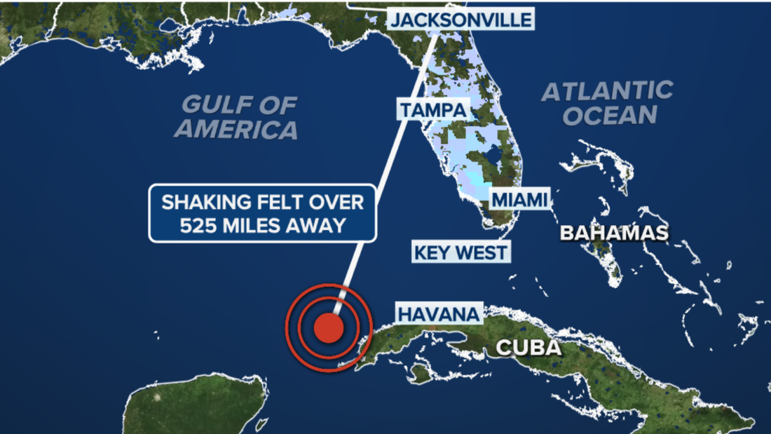 Map showing a 6.1 magnitude earthquake off the coast of Cuba with shaking felt more than 525 miles away in Tampa, Miami, Jacksonville, and other parts of Florida.