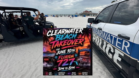 Clearwater Beach Police vehicles and officers stationed on the sand near Pier 60 after officials stopped a planned June 10th beach takeover event.