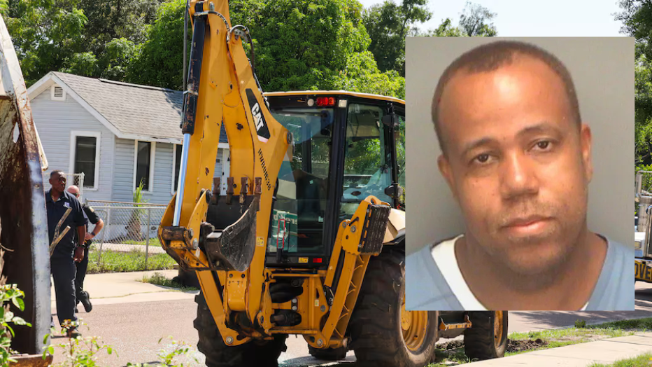 St. Petersburg police investigation scene with a city sanitation vehicle and an inset booking photo of the suspect accused in the fatal shooting of a city employee.
