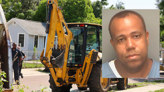 St. Petersburg police investigation scene with a city sanitation vehicle and an inset booking photo of the suspect accused in the fatal shooting of a city employee.