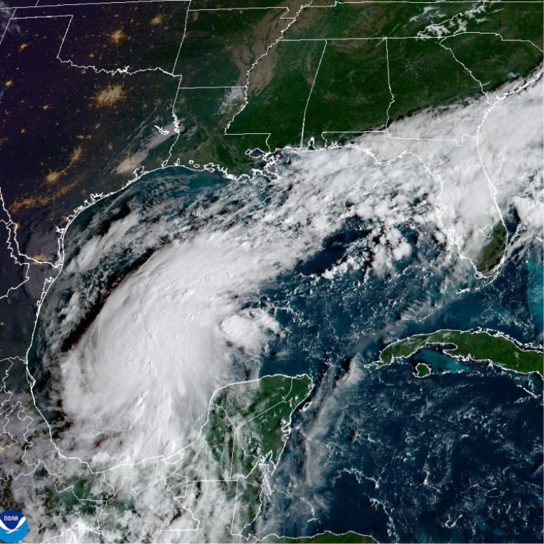 NOAA satellite image of Tropical Storm Isaias over the Gulf of Mexico on October 7th, 2026, as the storm organizes and threatens Florida and the northern Gulf Coast.