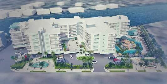 Concept rendering of the Windward Pass Resort planned for Gulf Boulevard in St. Pete Beach, showing the hotel buildings, pool and waterpark area, and surrounding waterfront setting