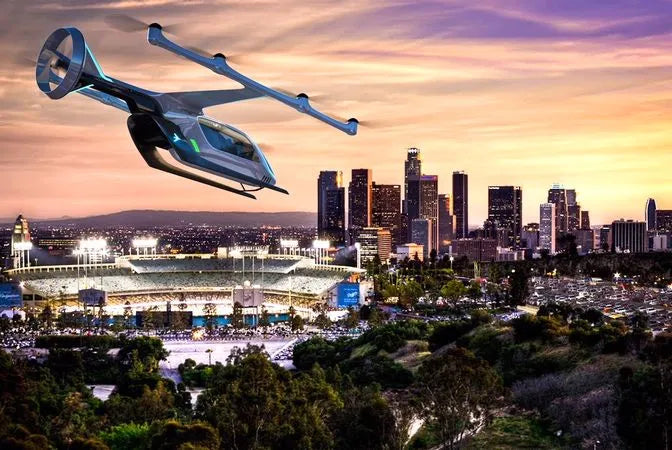 Electric air taxi aircraft flying over a major U.S. city skyline at sunset, illustrating Advanced Air Mobility and future urban air transportation similar to proposed plans for Albert Whitted Airport in St. Petersburg, Florida.