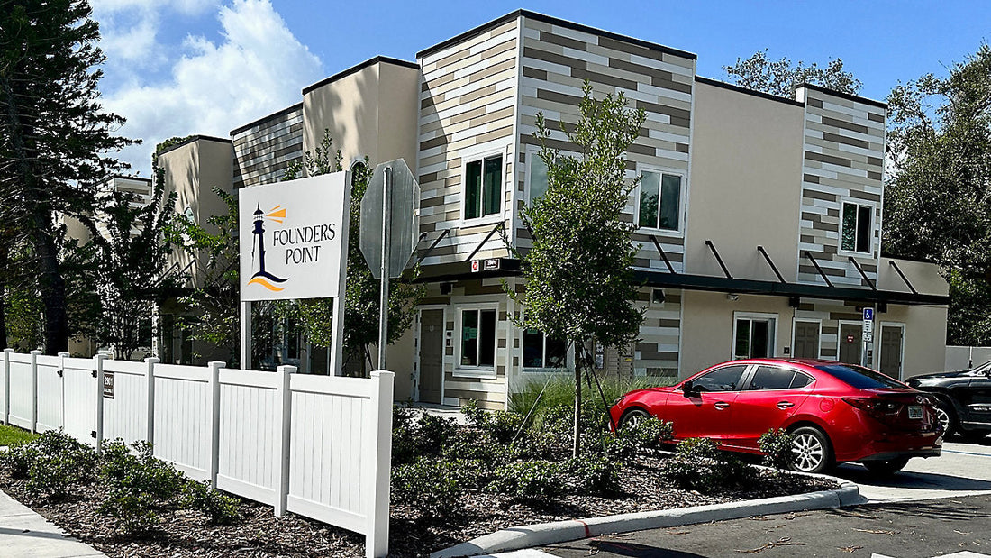 Founders Point affordable housing community operated by Boley Centers in St. Petersburg Florida, exterior view of supportive housing units