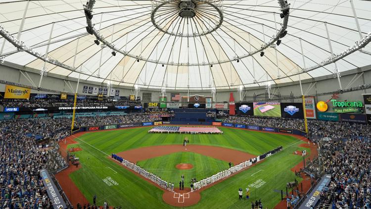 Tropicana Field in St. Petersburg Florida during Tampa Bay Rays postseason baseball ahead of the Rays Yankees Game 3 watch party