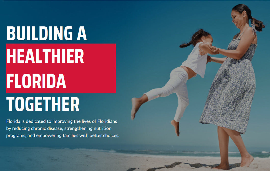 Healthy Florida First campaign image showing a mother and child on a Florida beach representing the state’s food safety and public health initiative to reduce chronic disease and improve nutrition choices.
