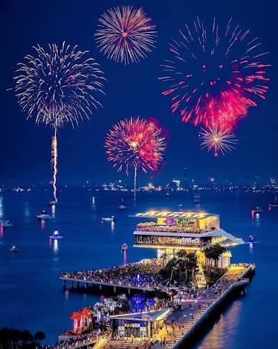 Fireworks over the St. Pete Pier during a Tampa Bay 4th of July celebration in downtown St. Petersburg, Pinellas County, Florida