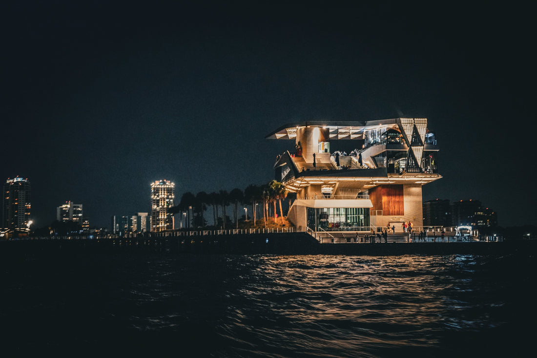 St Pete Pier illuminated at night along Tampa Bay in St Petersburg Florida, representing Florida’s coastline, tourism industry, and the coastal environment at the center of offshore drilling debate.