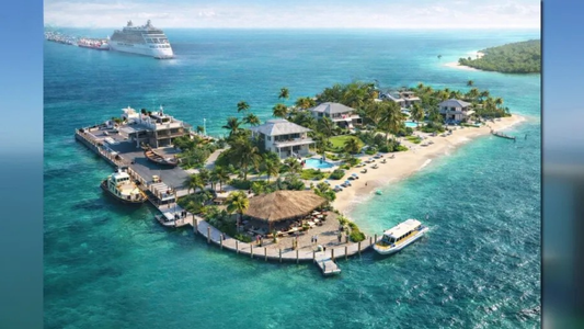 Concept illustration of a cruise terminal development in Manatee County showing docked cruise ship, waterfront homes, and coastal infrastructure near Terra Ceia Aquatic Preserve