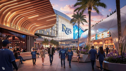Concept rendering of the Tampa Bay Rays ballpark district featuring walkable plazas, Rays branding, retail spaces, and fans gathering outside the stadium entrance