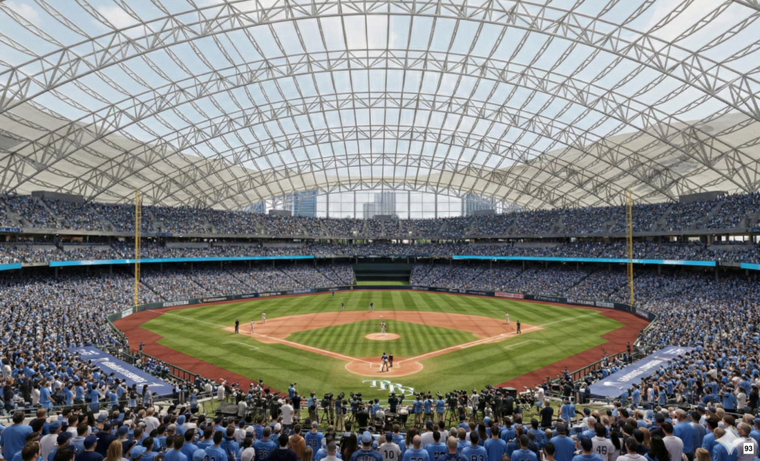 Proposed Tampa Bay Rays stadium interior rendering showing future baseball venue design in Hillsborough County near Tampa, Florida