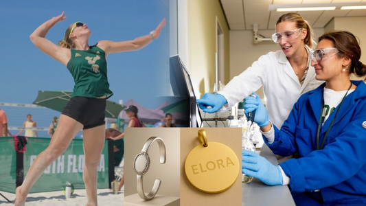 USF athlete and Elora founders showcasing wearable jewelry technology created to help detect drink spiking
