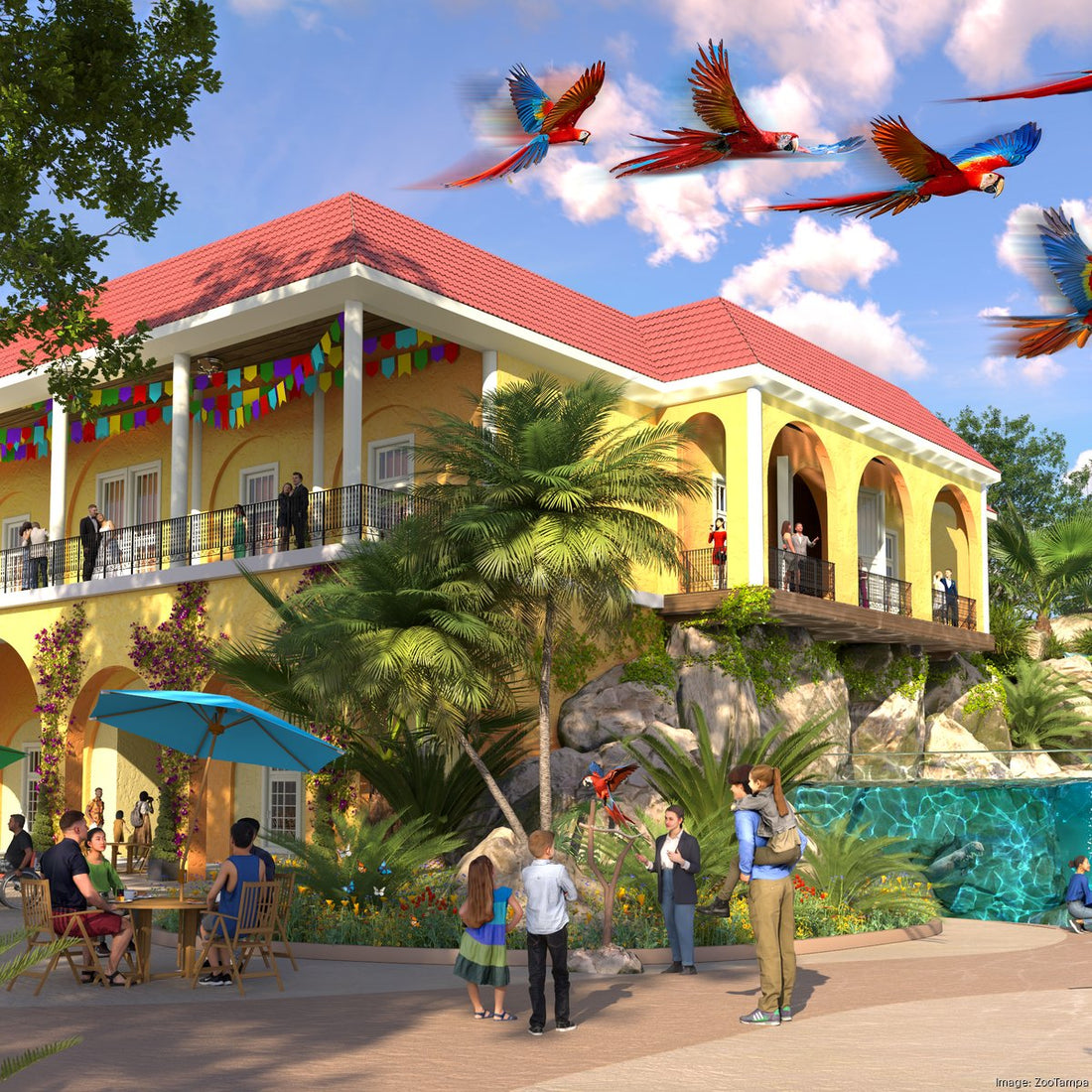 ZooTampa's $150 million expansion rendering showcases a new South American-themed restaurant surrounded by tropical landscaping, colorful macaws, waterfalls, and family-friendly attractions at Lowry Park in Tampa, Florida.